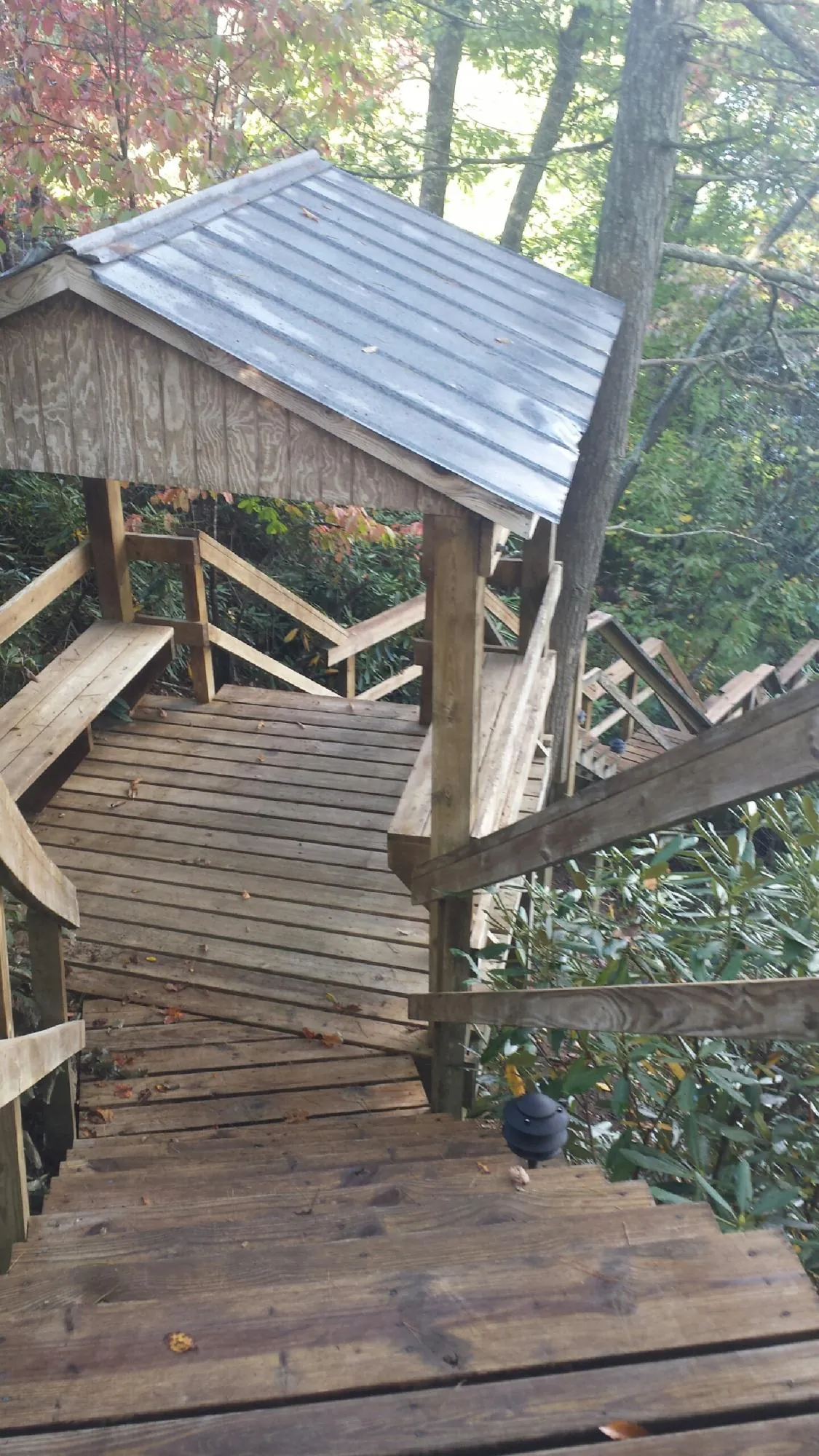 Metal roofed shelter over wooden steps on a wooded walkway — Skylight Repair & Installation work by our crew in Navasota